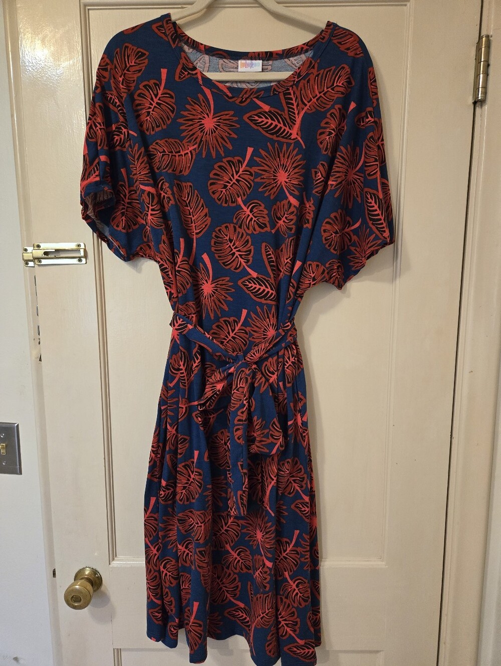 Lularoe Slate Blue and Red Floral Belted A Line Dress